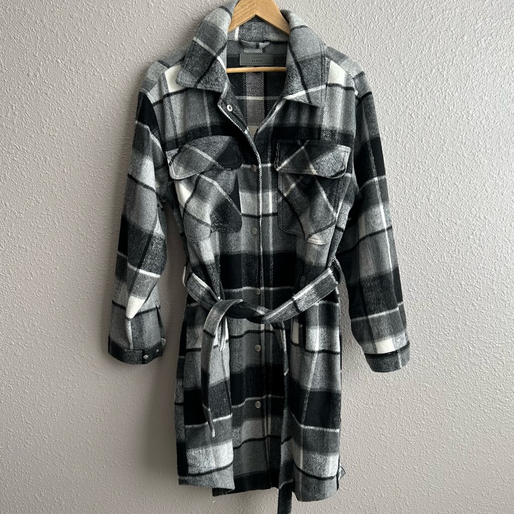 NWOT Blank NYC gray plaid long‎ flannel shacket trench belted waist jacket